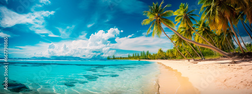 Beautiful beach ocean and palm trees. Generative AI, © Erik