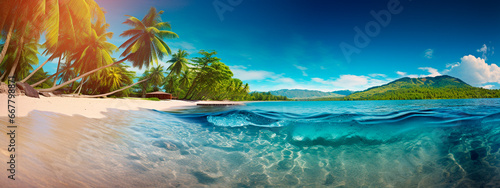 Beautiful beach ocean and palm trees. Generative AI,