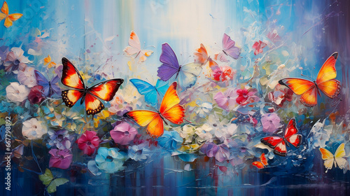 Oil painting flowers and butterflies. Generative AI, © Erik