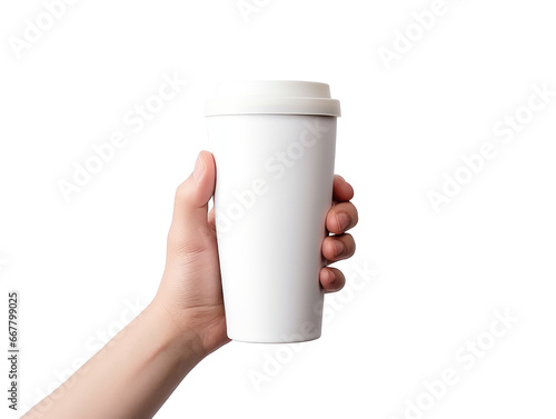 Hand holding Thermal Mug, Isolated on Transparent Background
