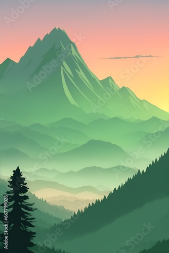 Misty mountains at sunset in green tone, vertical composition © Thanh