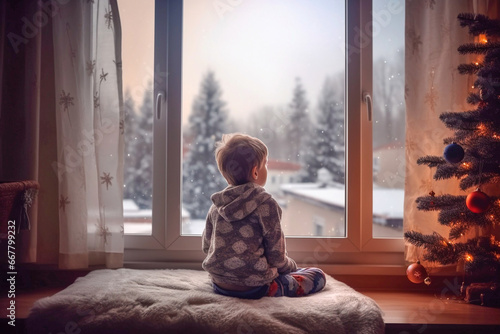 boy sits by the window next to the Christmas tree and looks at the winter landscape