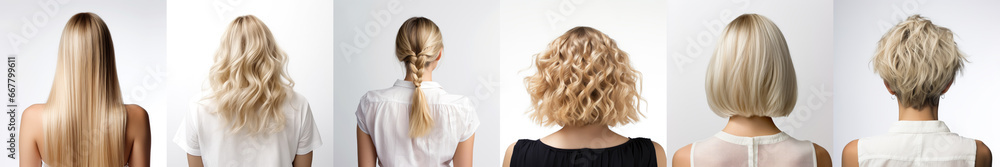 Various haircuts for woman with blonde hair - long straight, wavy, braided ponytail, small perm, bobcut and short hairs. View from behind on white background. Generative AI - obrazy, fototapety, plakaty 