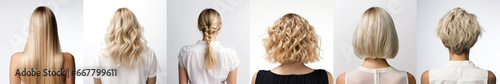 Various haircuts for woman with blonde hair - long straight, wavy, braided ponytail, small perm, bobcut and short hairs. View from behind on white background. Generative AI