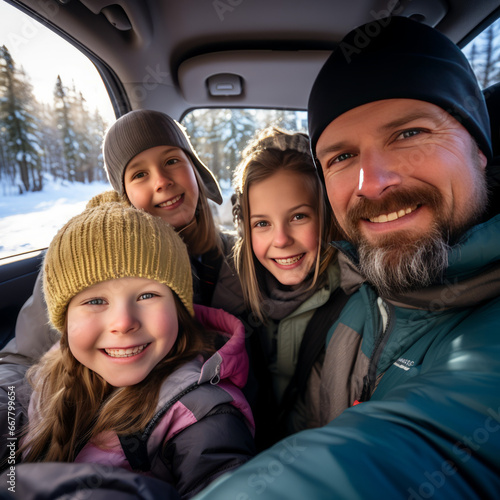 A smiling father takes a selfie with three children in the car in winter, in the background surrounded by snow-covered pines