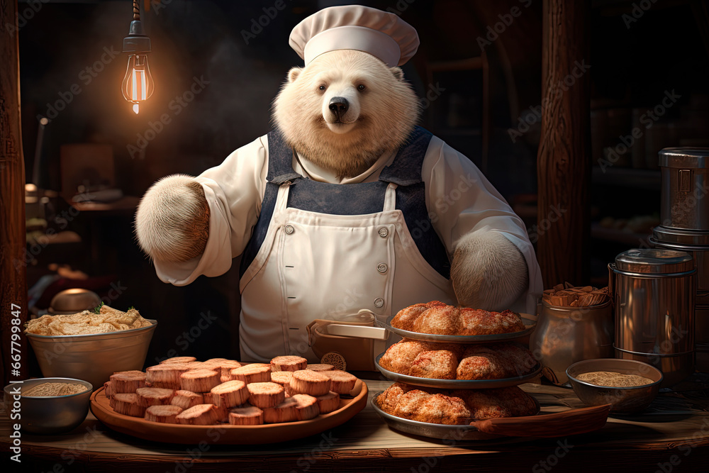 Baker bear holds a plate of buns. Generative AI