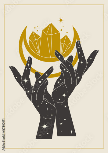 Magic hands with healing crystals in boho style poster illustration. Alchemy symbol