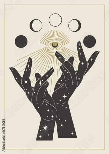 Mystic hands with moon phases illustration poster. Hand drawn all seeing eye