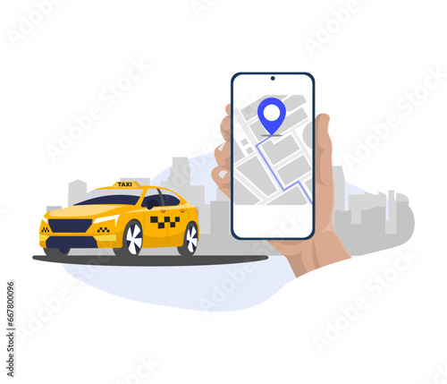 Ordering taxi car, rent and sharing using service mobile application. Vector illustration.