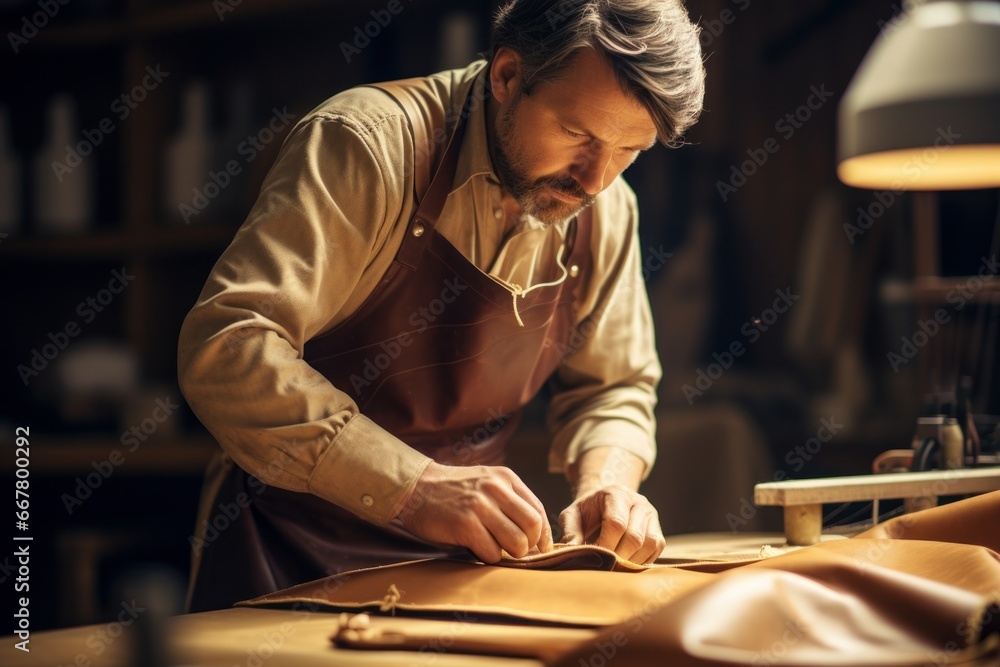 The leatherworker man at work. A gray-haired man with a beard and a leather apron is working with leather. The process of creating a leather product.