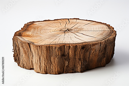 Cross section of tree trunk on white background.