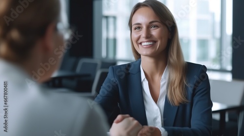 Beautiful businesswoman in formal clothes having a discussion