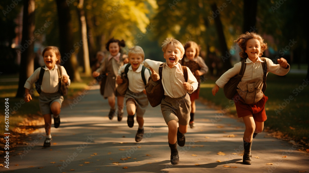 Obraz premium Children with backpacks go to school. Generative AI,