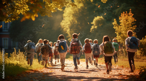 Children with backpacks go to school. Generative AI,