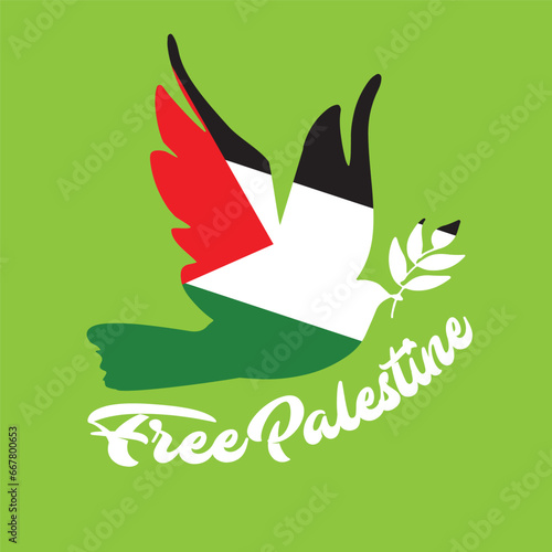 Free Palestine slogan, poster, banner, Palestine flag, free Palestine typography, peace bird with Palestine flag