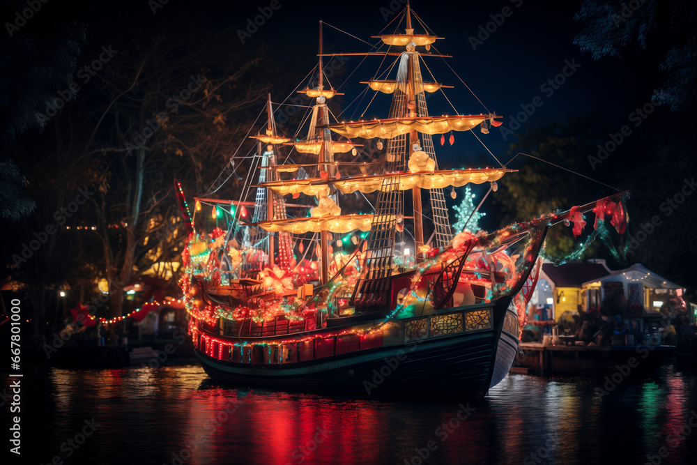 Wooden pirate ship decorated with Christmas lights at night, winter season - obrazy, fototapety, plakaty 