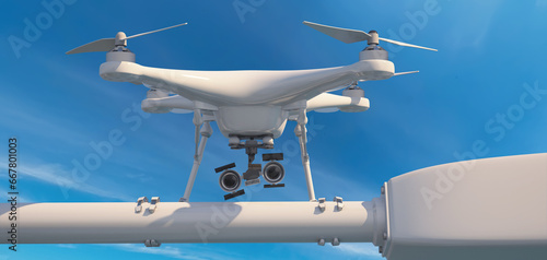 An aerial drone (quadcopter) is a robot character with remote or independent control. The robot is sitting on a street lighting lamp and is looking for something. 3d illustration.