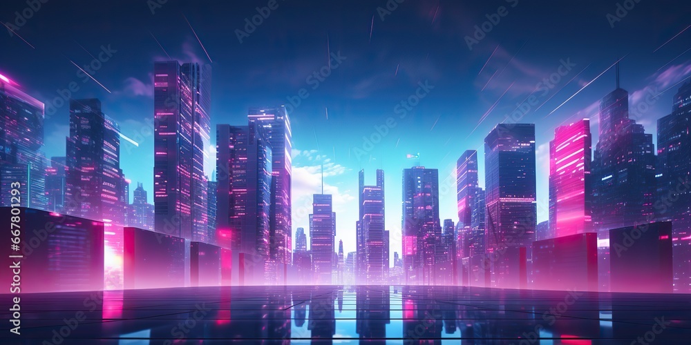 AI Generated. AI Generative. Neone glowing pink purple city urban future background landscape. Graphic Art - obrazy, fototapety, plakaty 