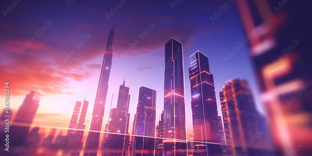 AI Generated. AI Generative. Neone glowing pink purple city urban future background landscape. Retro synthwave vibe graphic