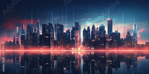 AI Generated. AI Generative. Neone glowing pink purple city urban future background landscape. Graphic Art