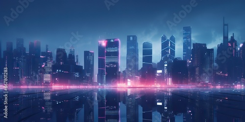 AI Generated. AI Generative. Neone glowing pink purple city urban future background landscape. Retro synthwave vibe graphic