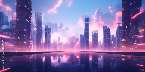 AI Generated. AI Generative. Neone glowing pink purple city urban future background landscape. Graphic Art © AkimD