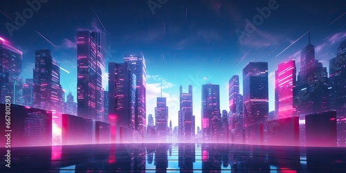 AI Generated. AI Generative. Neone glowing pink purple city urban future background landscape. Graphic Art photo