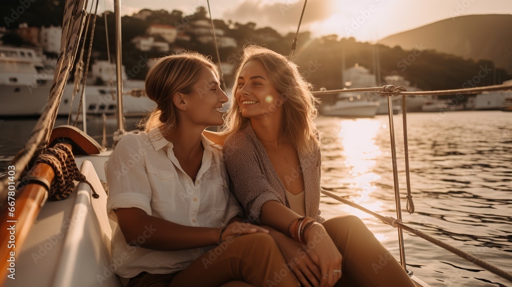 Two beautiful women are relaxing on a boat