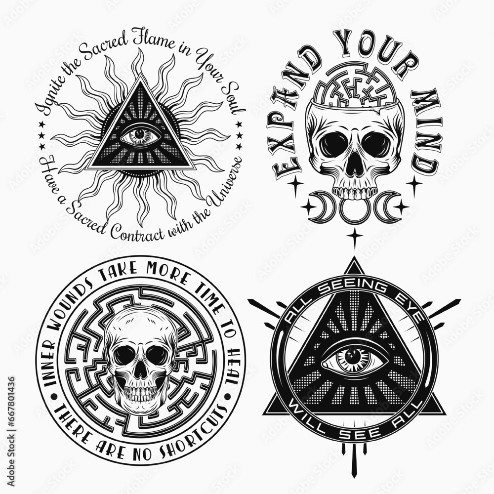 Obraz premium Set of labels with all seeing eye, skulls, labyrinth, text. Concept of intuition, secret knowledge, psychic abilities Monochrome mystical vintage illustrations for clothing, apparel, T-shirts design