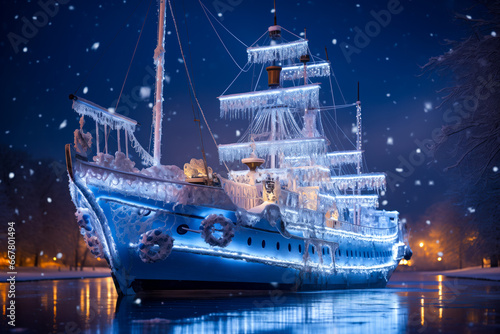 Sailing ship decorated with Christmas lights at night, cold blue and white, snowing, winter season, pirates