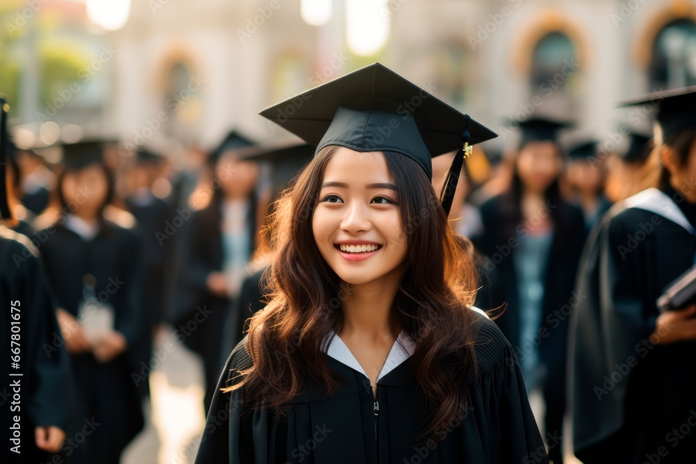 Portrait of a smiling asian female graduate in cap and gown looking at camera against the background of university graduates. Education, success university Portrait of a smiling asian female graduate in cap and gown looking at camera against the background of university graduates. Education, success university