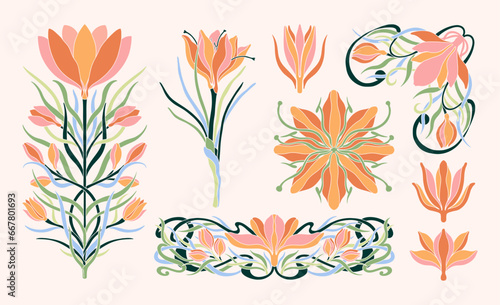 Floral crocus plant in art nouveau 1920-1930. Hand drawn crocus in a linear style with weaves of lines, leaves and flowers.