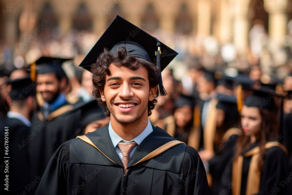 Portrait of a smiling male graduate in cap and gown looking at camera against the background of university graduates. Education and success concept Portrait of a smiling male graduate in cap and gown looking at camera against the background of university graduates. Education and success concept