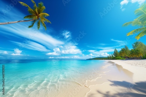 Beautiful summer beach with sand, tropical background, and serene sea. Generative AI