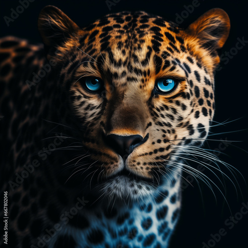 leopard close up on dark background, in the style of fine art photography