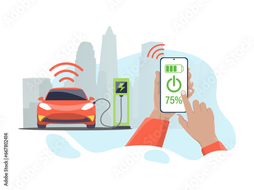 Electric car charging background. Electronic docking station for the car. Electric vehicle connection station. Vector illustration in green color.