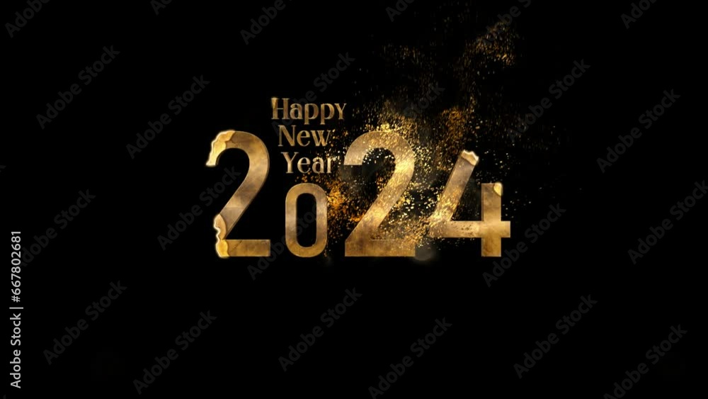 New year 2024 on with golden particles, happy new year, golden particles, 2024, alpha channel New year 2024 on with golden particles, happy new year, golden particles, 2024, alpha channel