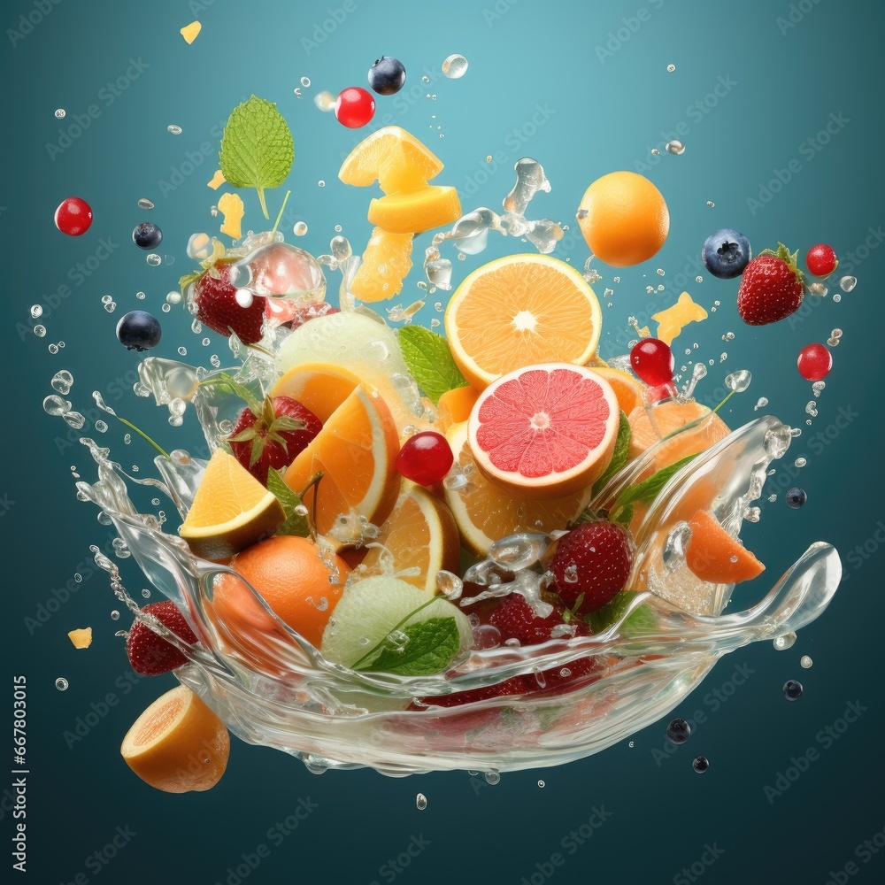 Sliced cut fruits falling into bowl of fruit salad Sliced cut fruits falling into bowl of fruit salad