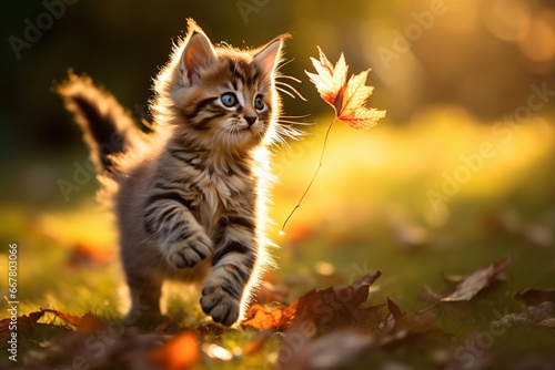 A playful kitten catches a flying flower in a field illuminated by sunlight. Blurred background. Funny photo of cute pet in summer. Suitable for banner, wallpaper, advertising poster  photo