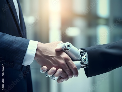 Photo of a Business handshake Between AI robot and Human, Futuristic Business collaboration with Artificial Intelligence, Collaboration and Partnership between robots and humans