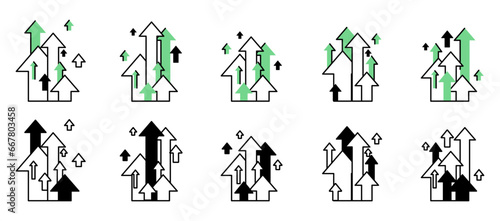 A set of arrows pointing up. Upward movement is shown. A sign of growth and development. Improvement of sales, ratings, popularity