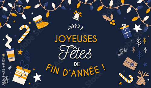 Bannière - Joyeux fêtes de fin d'année - Éléments vectoriels festifs autour des fêtes de Noël - Illustrations et titres décoratifs élégants pour les vacances d'hiver - Vœux et souhaits 