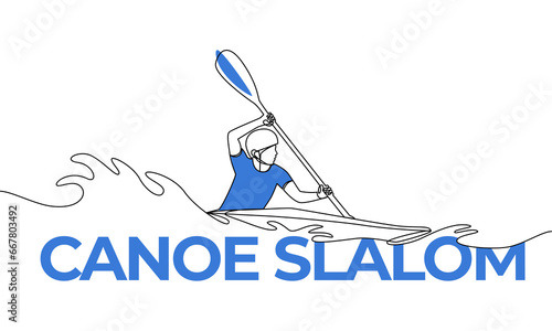 Single continuous drawing of a man covering a distance in a canoe. Canoe Slalom. Colored elements and title. One line vector illustration