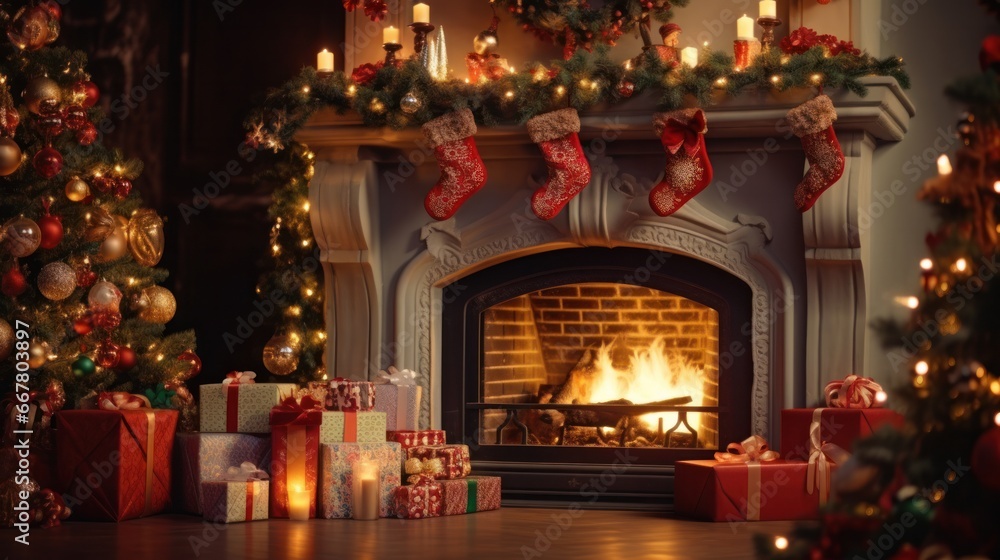 Cozy Christmas Ambiance with Decorated Fireplace and Santa Claus Figurine in Apartment Setting with Armchair and Branch Decor on Background Cozy Christmas Ambiance with Decorated Fireplace and Santa Claus Figurine in Apartment Setting with Armchair and Branch Decor on Background