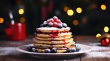 Christmas Stack of Berry-Packed American Pancakes on Rustic Table Decorated with Vintage Flair