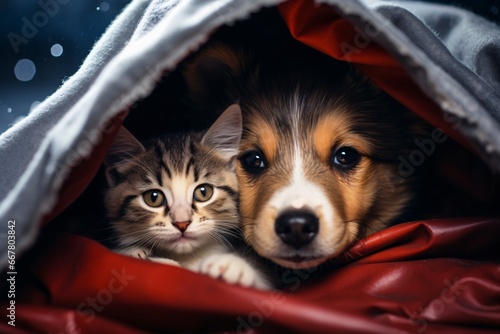 Kitten and puppy hiding under a red blanket. Friends in comfort. Cozy and warm setting at winter. Design for advertising poster, print, holiday card
