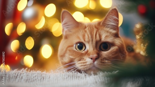Cozy British Christmas: Owner and Cute Red Shorthair Cat Celebrate with Santa Tree indoors