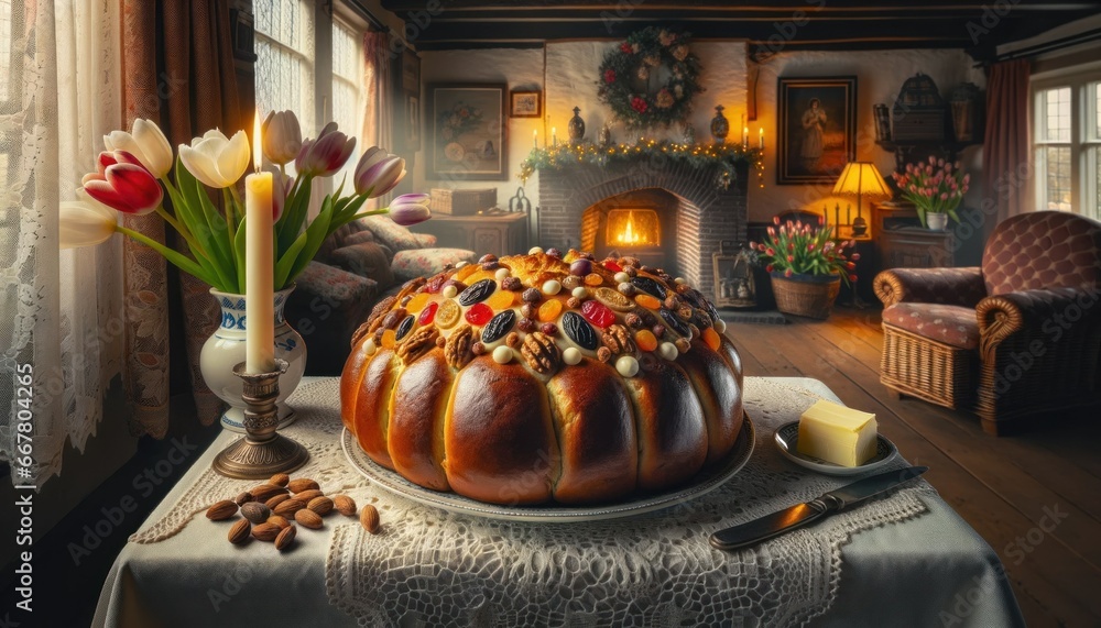 Dutch kerststol, a Christmas bread with dried fruits, nuts, and marzipan, served on a lace tablecloth with butter