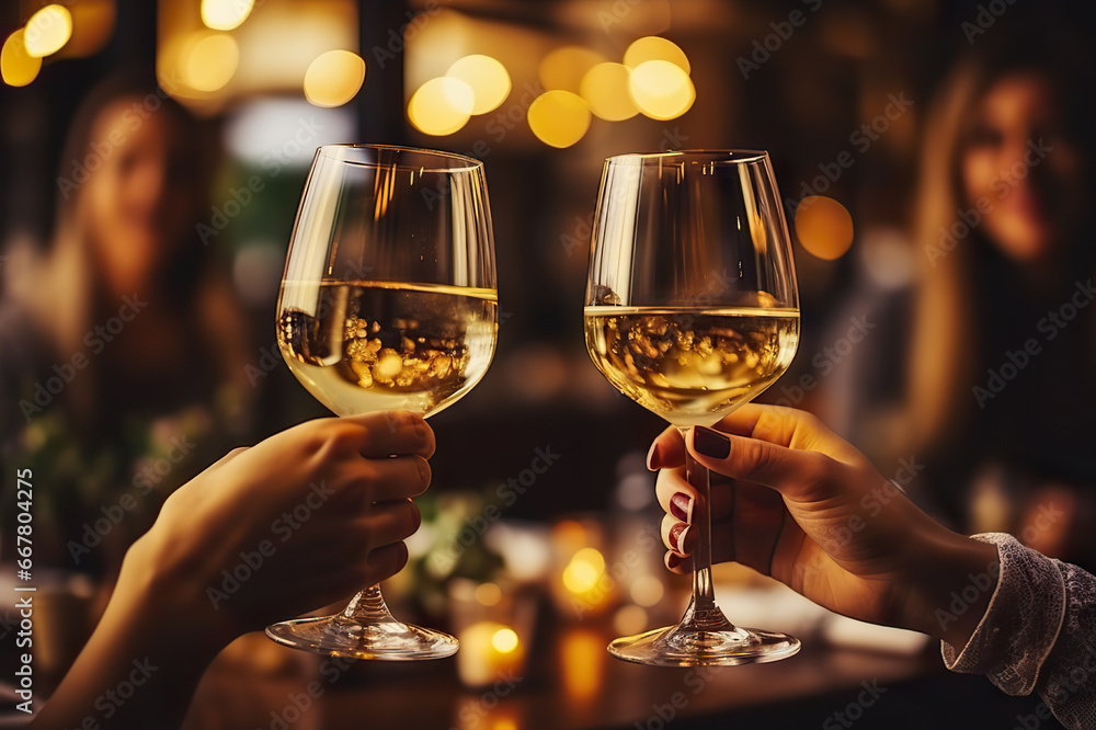Celebration of Friendship Close-Up Hands Toasting White Wine at a Joyful Dinner Party in a Cozy Restaurant Setting. created with Generative AI Celebration of Friendship Close-Up Hands Toasting White Wine at a Joyful Dinner Party in a Cozy Restaurant Setting. created with Generative AI