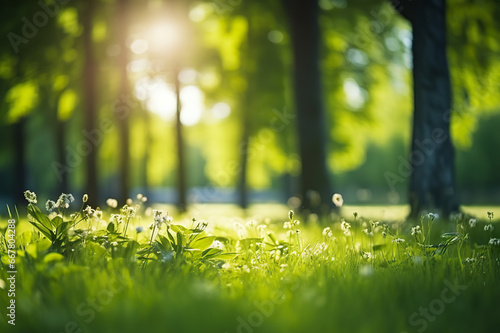 Idyllic Summer Serenity A Perfect Natural Landscape with Defocused Green Forest Trees, Wild Grass, and Sun Beams. created with Generative AI © photobuay